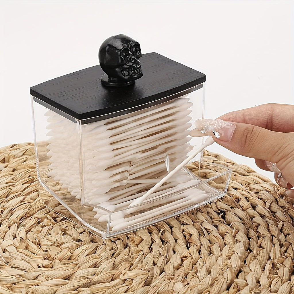 7oz Clear Acrylic Swab Holder with Flip-Top Lid - Skull & Crossbones Design, Durable Plastic Makeup Organizer for Bathroom, Cosmetics, And Halloween Storage, Makeup Organizer Storage