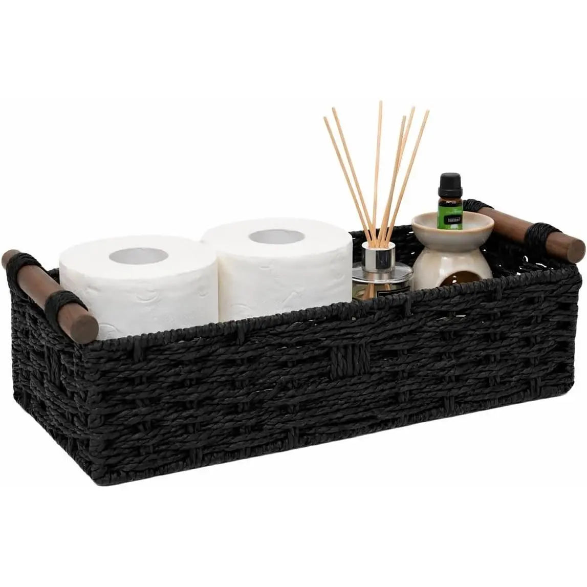 Woven Bathroom Basket with Wood Handles — Toilet Paper Storage Organizer, Back of Toilet Basket, Natural Wicker Basket for Tank Top, Countertop or Shelf