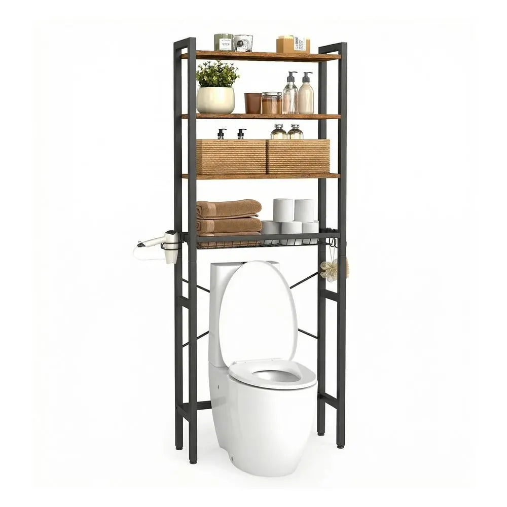 VASAGLE Wall-Mount Over-the-Toilet Storage Cabinet, Bathroom Organizers with Adjustable Multiple-Tier Shelves, Basket, 3 Hooks, Space-Saving Indoor Cupboard