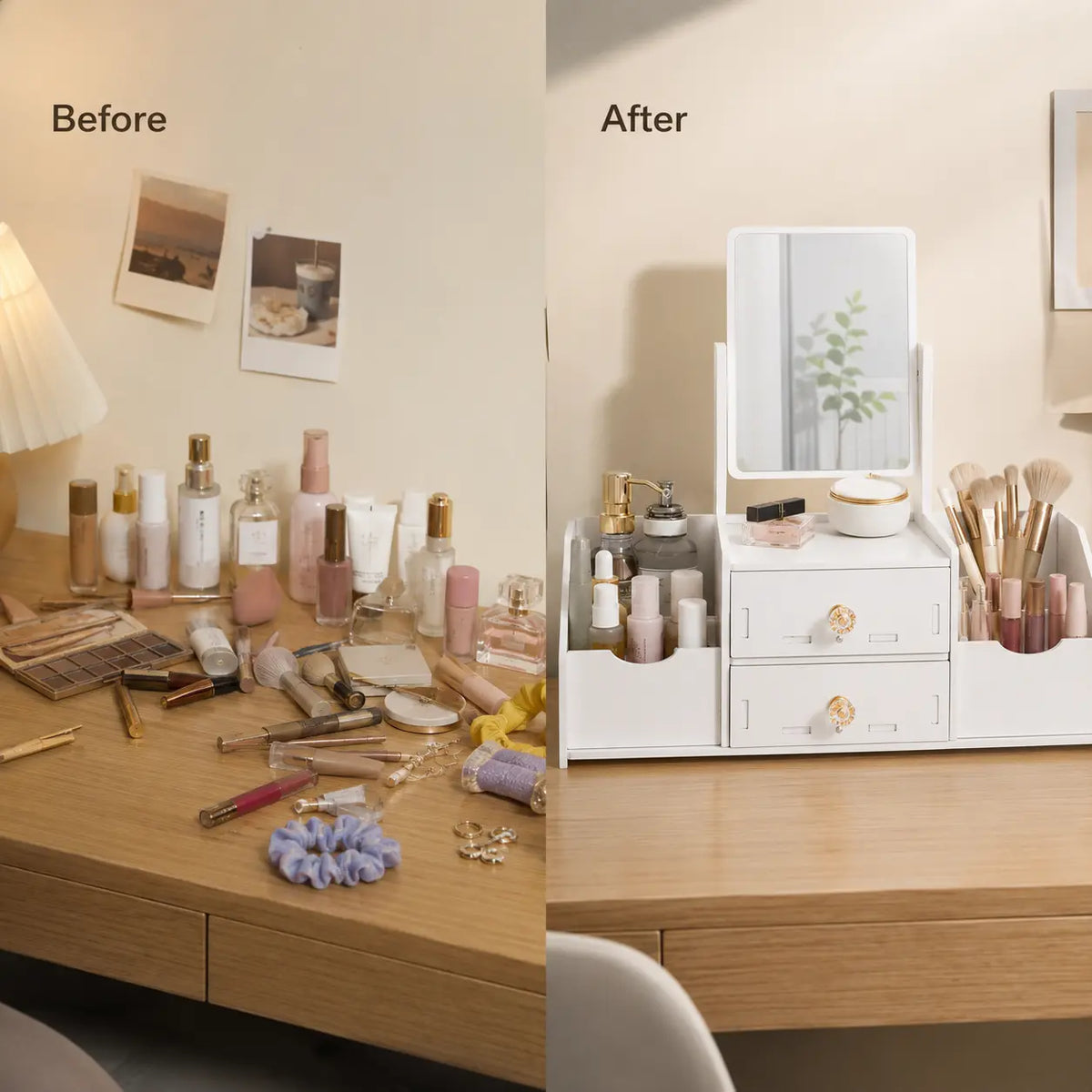 Makeup Organizer with Mirror and 2 Drawers, Desktop Vanity Storage Box with Multiple Compartments for Cosmetics, Skincare, Jewelry and Perfume
