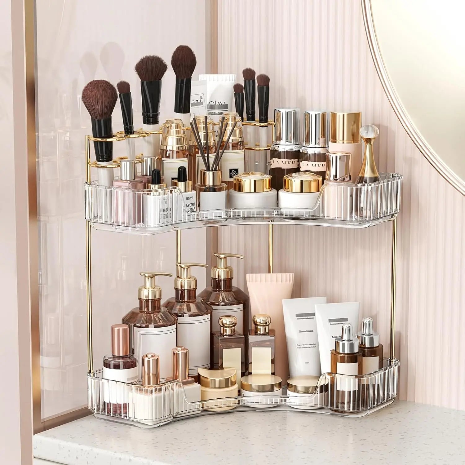 2-Tiers Corner Bathroom Counter Organizer - Gold Metal Pole Shelves, Bathroom Accessories Storage Organization Rack, Makeup Organizer Storage for Vanity Sink Kitchen