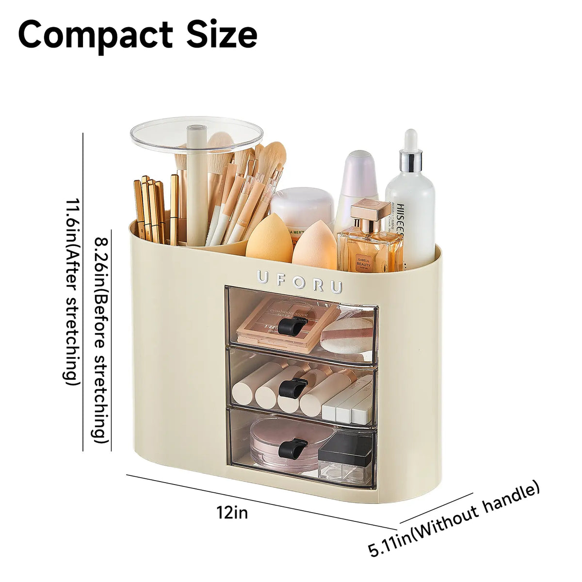 UFORU Plastic Makeup Tool Organizer with Drawers, 4-Slot 1-Touch Open Brush Holder, Spacious Storage Organization for Vanity Dresser & Bathroom Countertop (White)