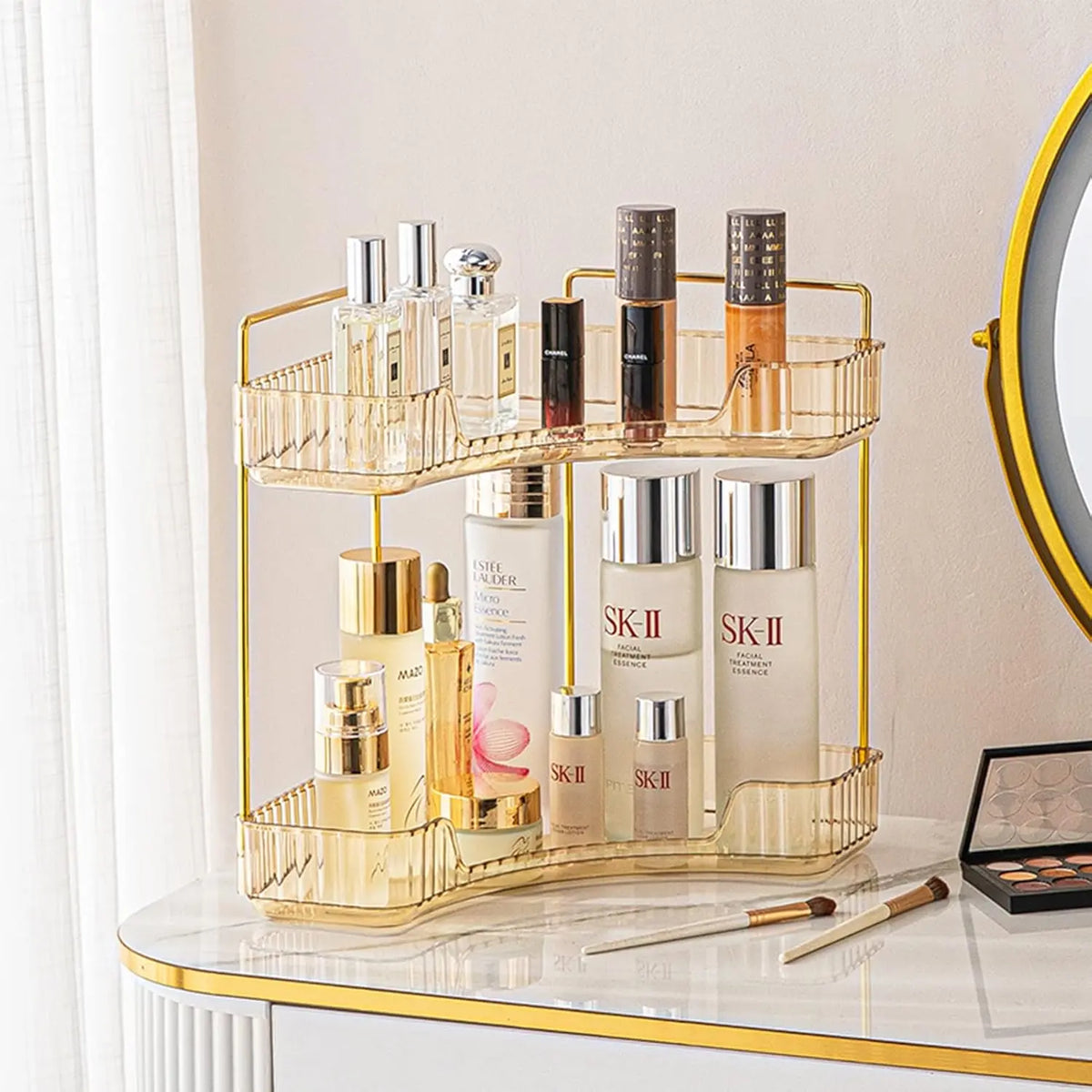 Corner Bathroom Counter Organizer Bathroom Countertop Shelf Makeup Organizer for Vanity Perfume Tray for Corner Storage 2 Tiers, White