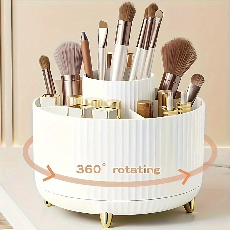 [360° Rotating Makeup Organizer] 360° Rotating Makeup Organizer - 1pc Plastic Cosmetic Storage With 5 Compartments - Multi-Functional Holder For Brushes, Lipsticks, Skin Care Products, And Stationery - Durable Unscented Desk Caddy With Stripe Design
