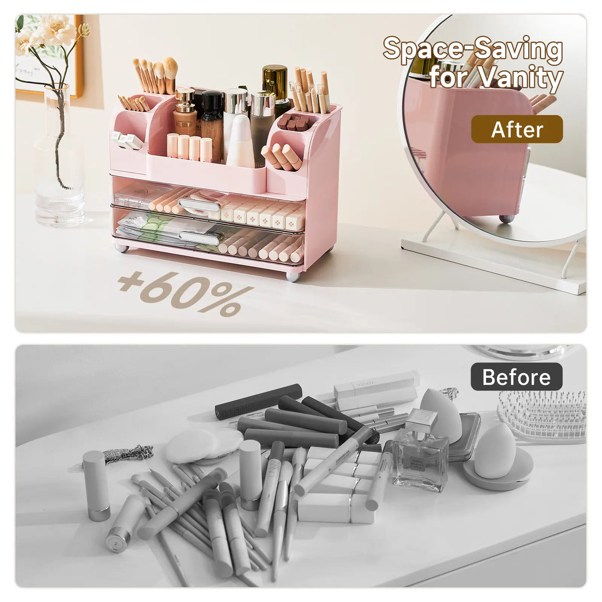 Makeup Organizer for Vanity with 2 Large Drawers, Cosmetic Display Case with Brush Holders, Easy to Storage for Bathroom Countertop Skincare, Desk Office Supplies,dorm essentials,home decor,dorm room inspo,college dorm essentials,dorm haul