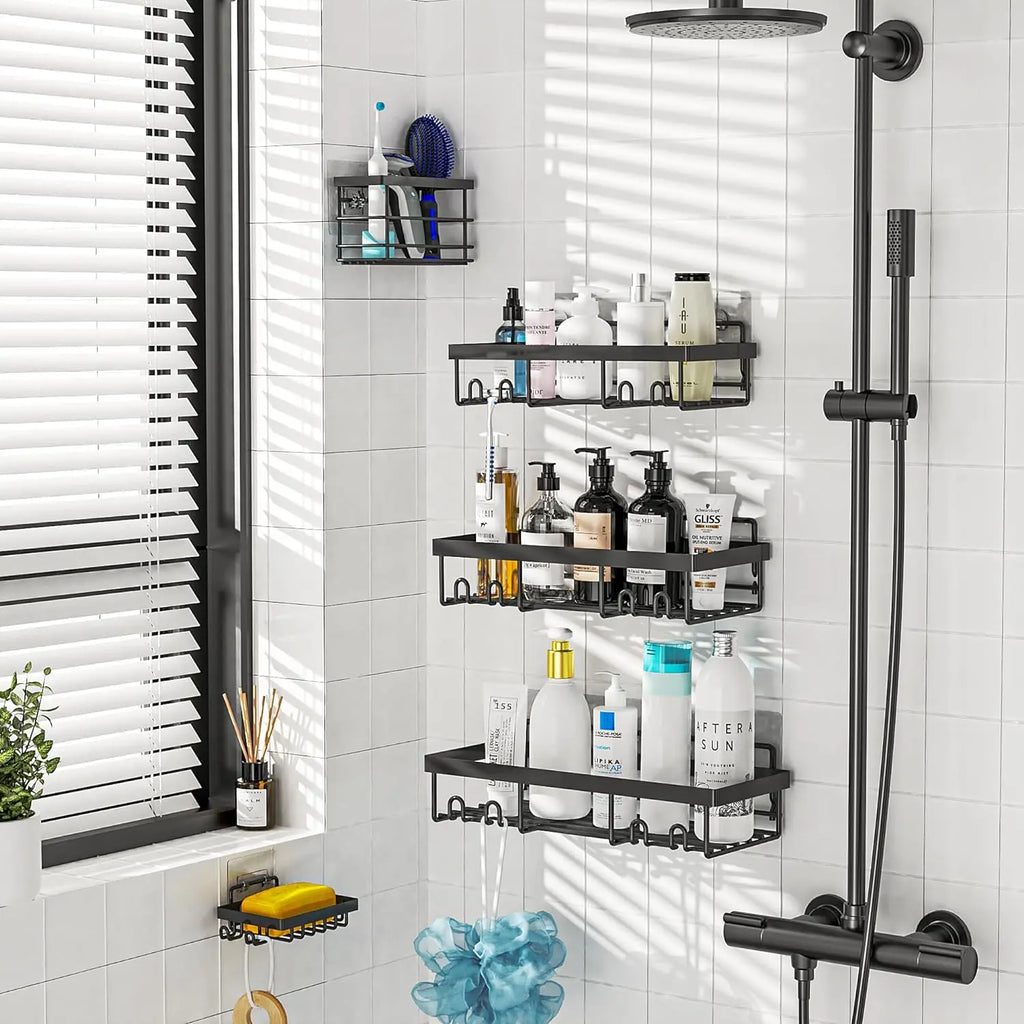 Jabukosu Matte Gold Stainless Steel Bathroom Accessory Sets - 5 & 1 Wall-Mounted Shelf Holders, No-Drill Waterproof Adhesive Organizer Storage for Shampoo, Soap