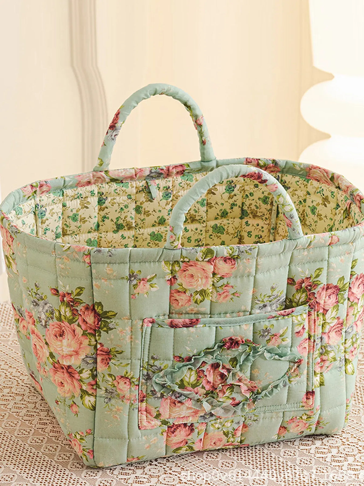 Floral Pattern Fabric Decorative Storage Basket, Portable Home Organizer for Kitchen, Bathroom and Office, Flower, Bathroom Storage Baskets