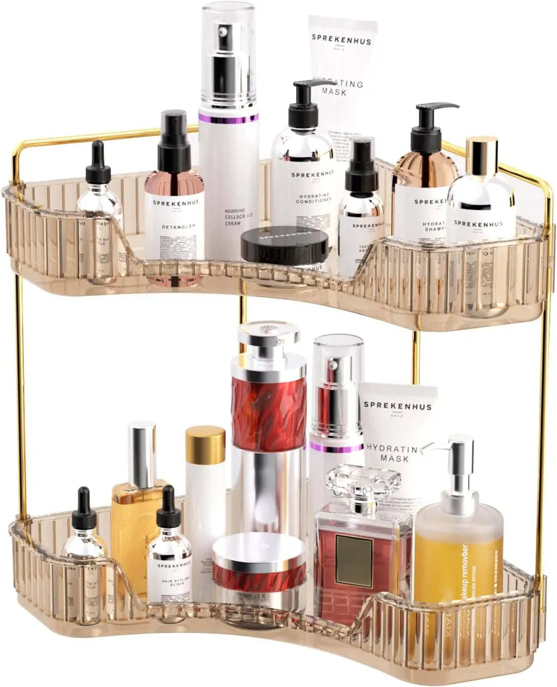 2-Tiers Corner Bathroom Counter Organizer - Gold Metal Pole Shelves, Bathroom Accessories Storage Organization Rack, Makeup Organizer Storage for Vanity Sink Kitchen