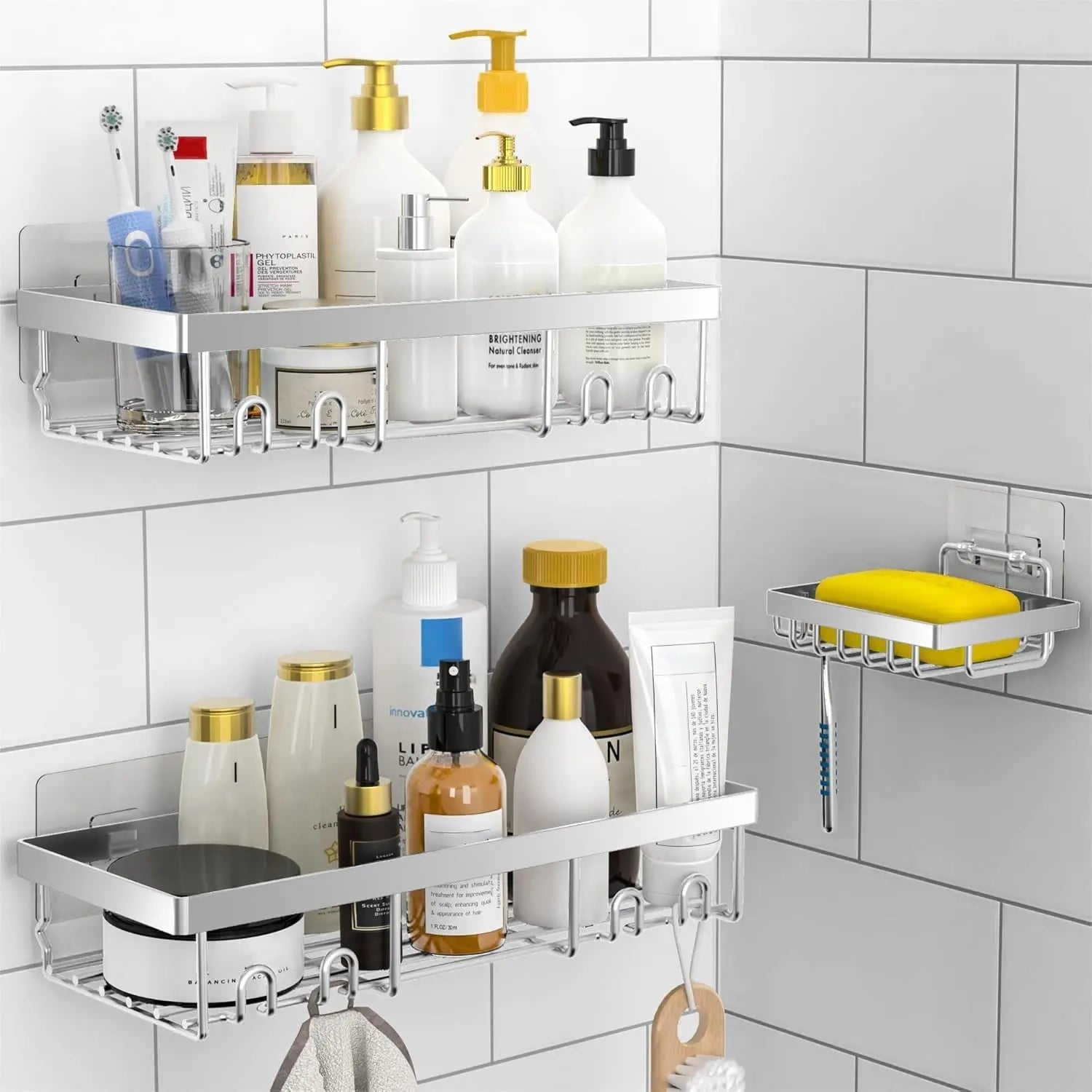 3-Pack Stainless Steel Shower Caddy Baskets with Soap Holder, No-Drilling Traceless Adhesive Wall Shelves, Rust-Resistance Black Bathroom Storage Organizer