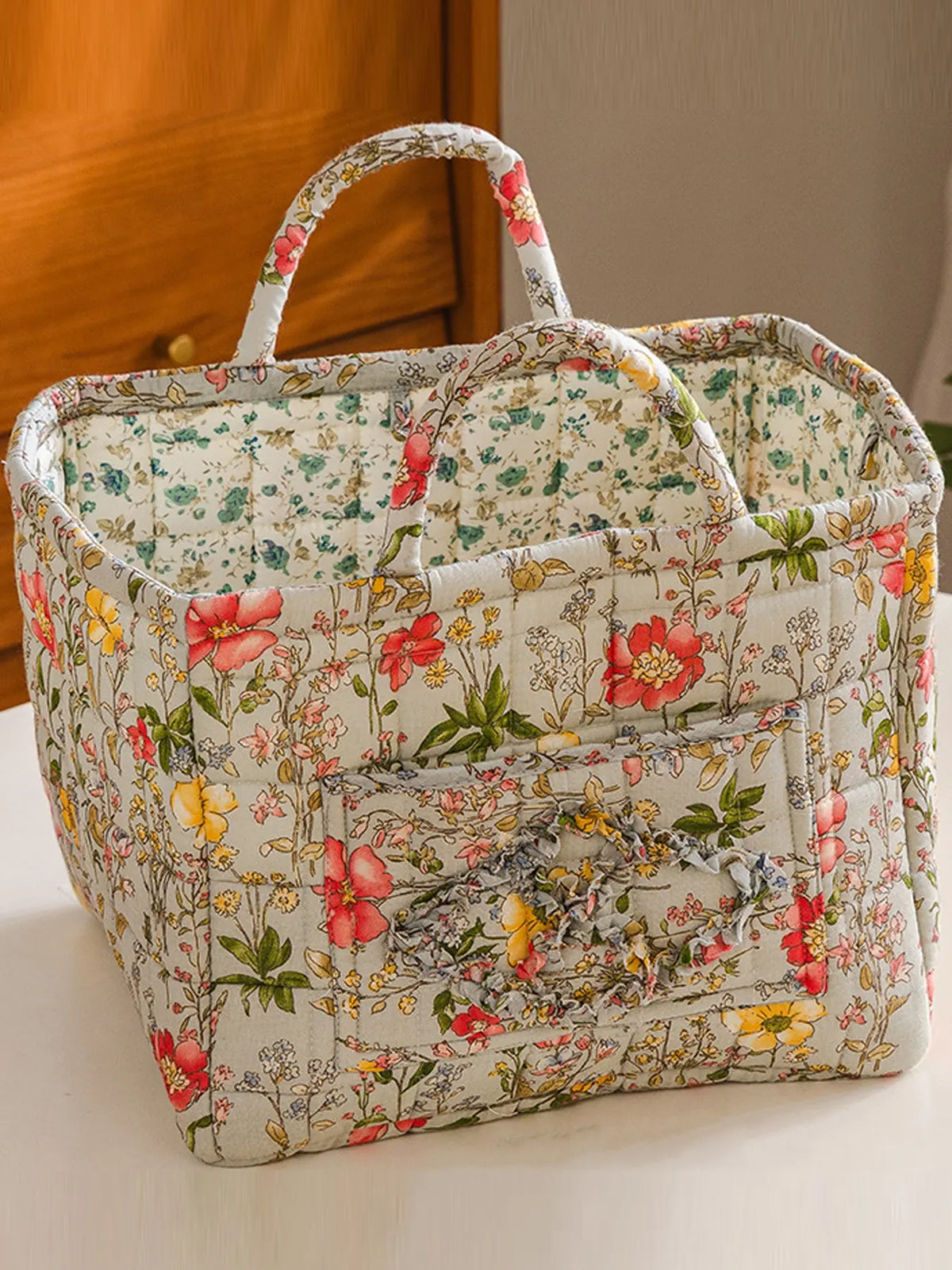 Floral Pattern Fabric Decorative Storage Basket, Portable Home Organizer for Kitchen, Bathroom and Office, Flower, Bathroom Storage Baskets