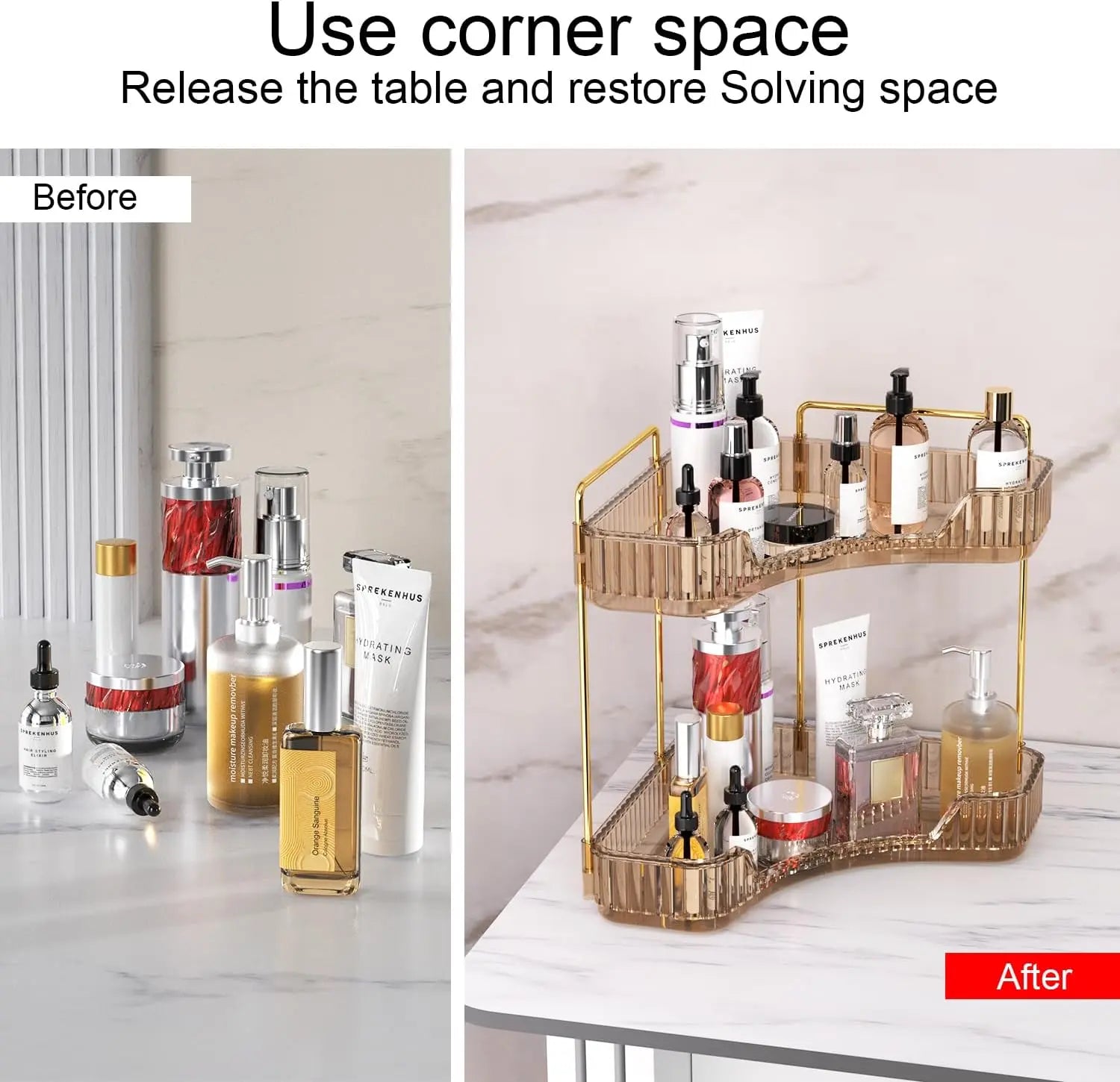 2-Tiers Corner Bathroom Counter Organizer - Gold Metal Pole Shelves, Bathroom Accessories Storage Organization Rack, Makeup Organizer Storage for Vanity Sink Kitchen