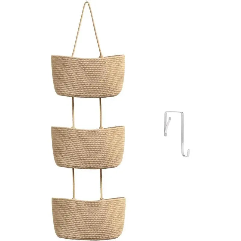 【Free Shipping (14in)】Woven Cotton 3-Tier Over-the-Door Basket, Wall-Mounted Jute Storage Organizer for Bathroom Decor, French Country Style for Busy Parents to Store Diapers, Toys, Laundry Items, with Gift Hook for Home Storage Organization