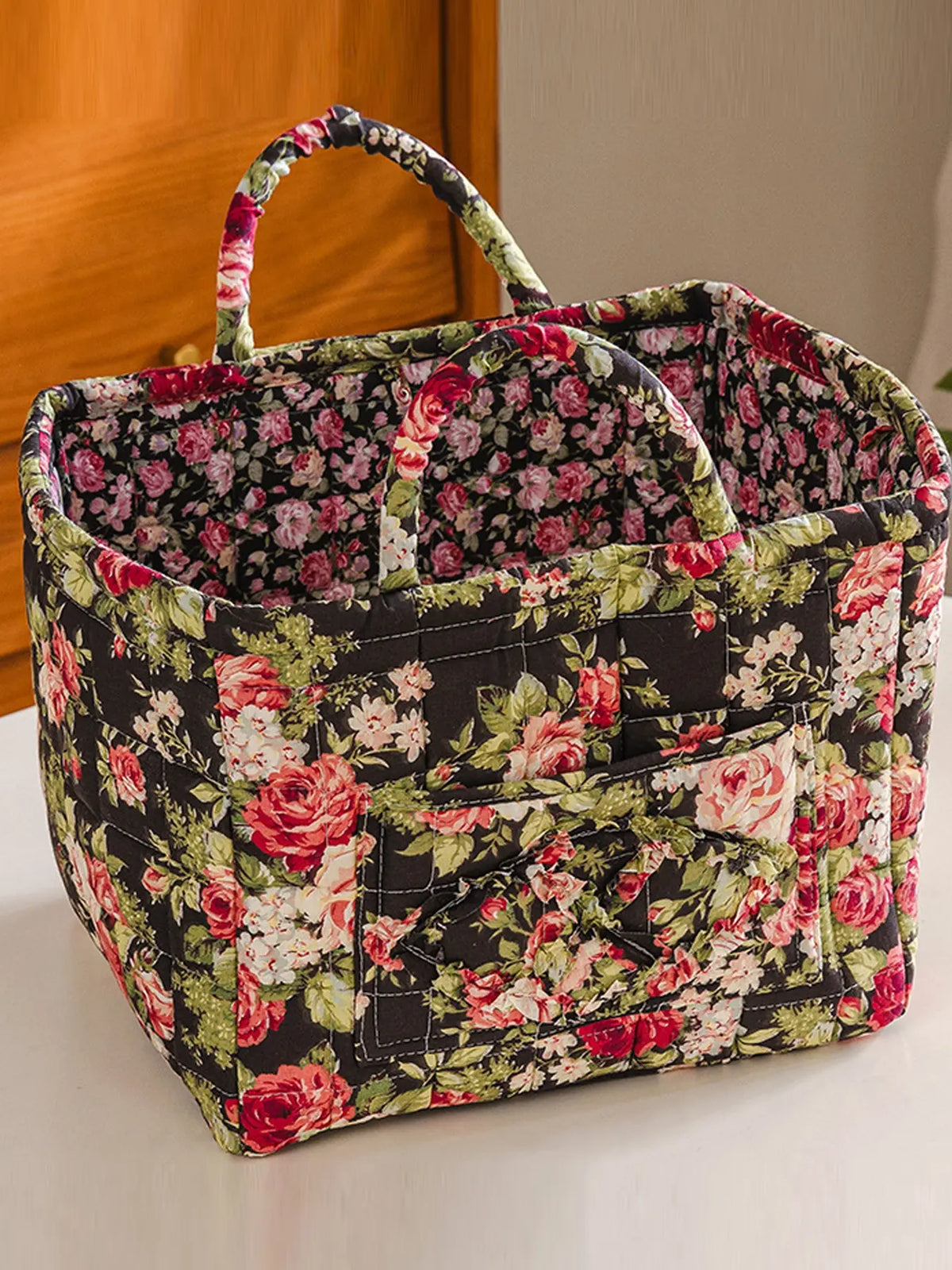 Floral Pattern Fabric Decorative Storage Basket, Portable Home Organizer for Kitchen, Bathroom and Office, Flower, Bathroom Storage Baskets