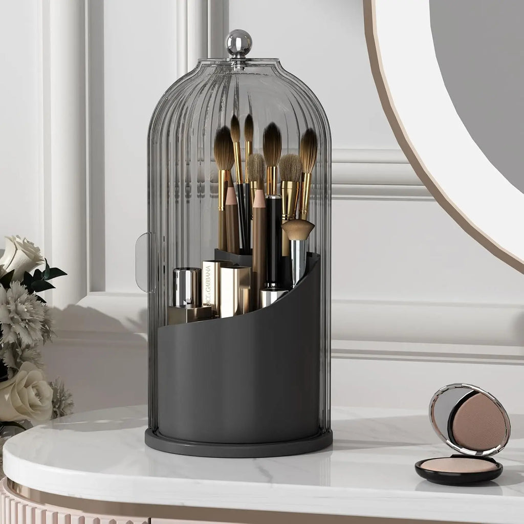 Luxury 360-Degree Rotating Makeup Brush Holder with Transparent Door Lid - Cosmetic Storage Box, Makeup Organizer, Bathroom Organizer, Container for Vanity Desktop Countertop Storage Organization, Beauty Supplies Organizer,back to school