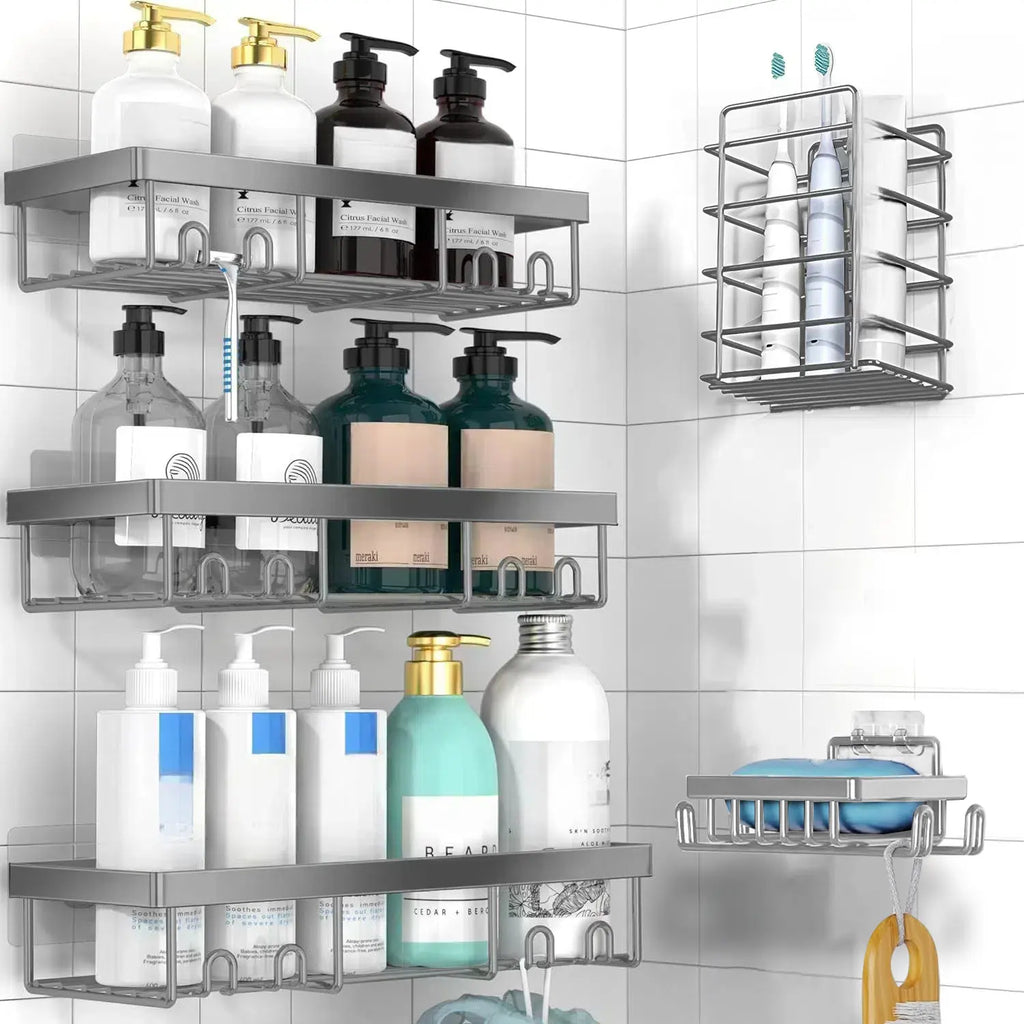 Jabukosu Matte Gold Stainless Steel Bathroom Accessory Sets - 5 & 1 Wall-Mounted Shelf Holders, No-Drill Waterproof Adhesive Organizer Storage for Shampoo, Soap