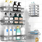 Jabukosu Matte Gold Stainless Steel Bathroom Accessory Sets - 5 & 1 Wall-Mounted Shelf Holders, No-Drill Waterproof Adhesive Organizer Storage for Shampoo, Soap