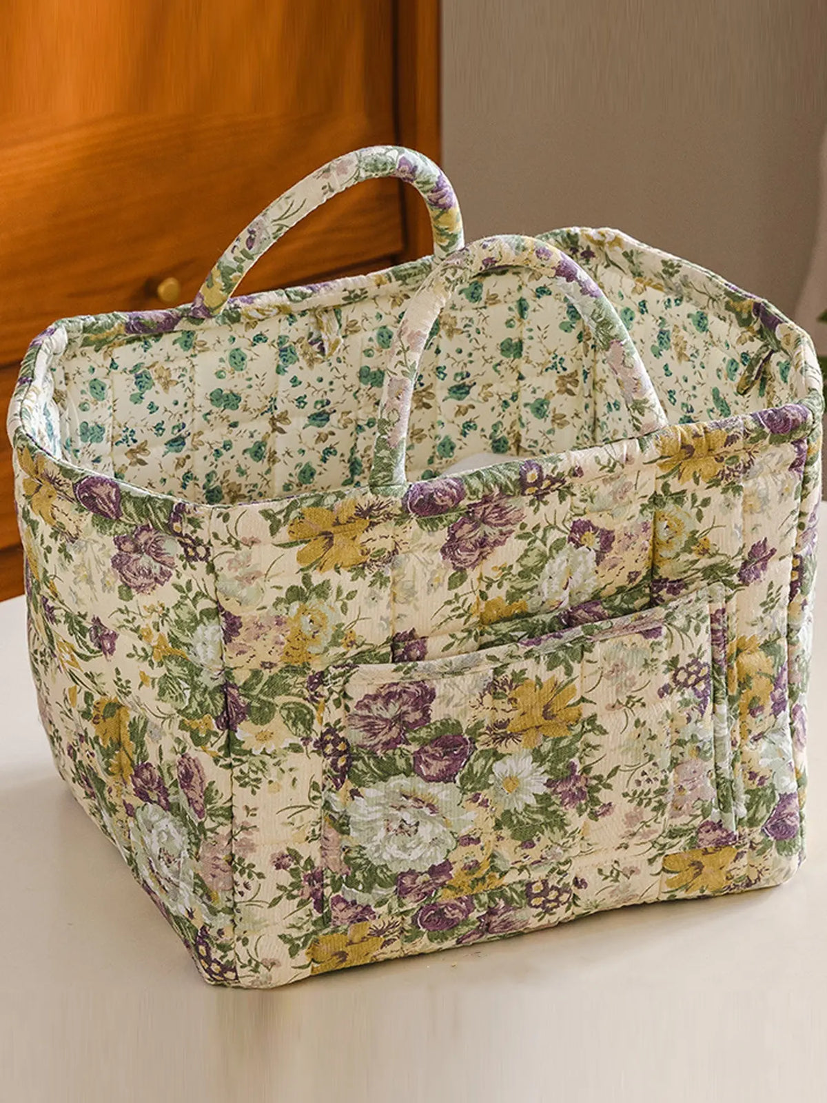Floral Pattern Fabric Decorative Storage Basket, Portable Home Organizer for Kitchen, Bathroom and Office, Flower, Bathroom Storage Baskets