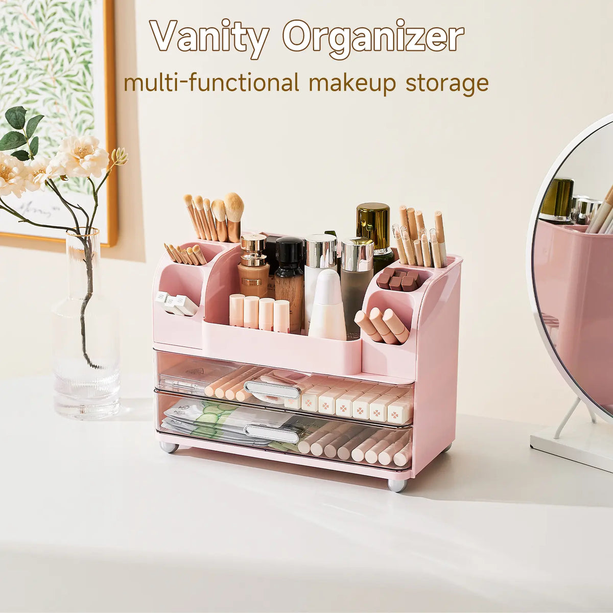 Makeup Organizer for Vanity with 2 Large Drawers, Cosmetic Display Case with Brush Holders, Easy to Storage for Bathroom Countertop Skincare, Desk Office Supplies,dorm essentials,home decor,dorm room inspo,college dorm essentials,dorm haul