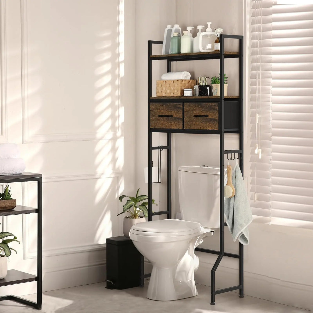 Over The Toilet Storage Cabinet - 3-Tier Freestanding Bathroom Organizer with Fabric Drawers, 4 Hooks, Space-Saving Shelf for Bathroom Use