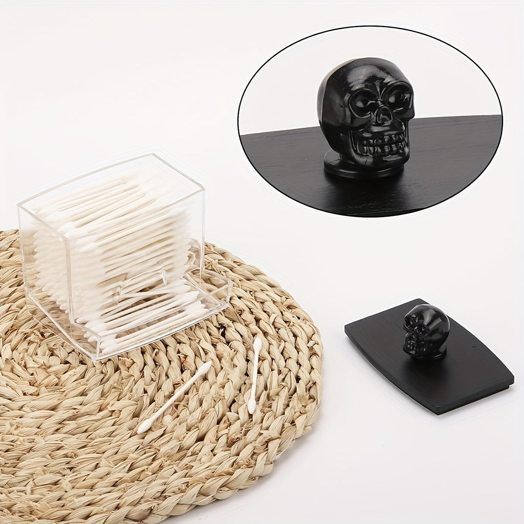 7oz Clear Acrylic Swab Holder with Flip-Top Lid - Skull & Crossbones Design, Durable Plastic Makeup Organizer for Bathroom, Cosmetics, And Halloween Storage, Makeup Organizer Storage