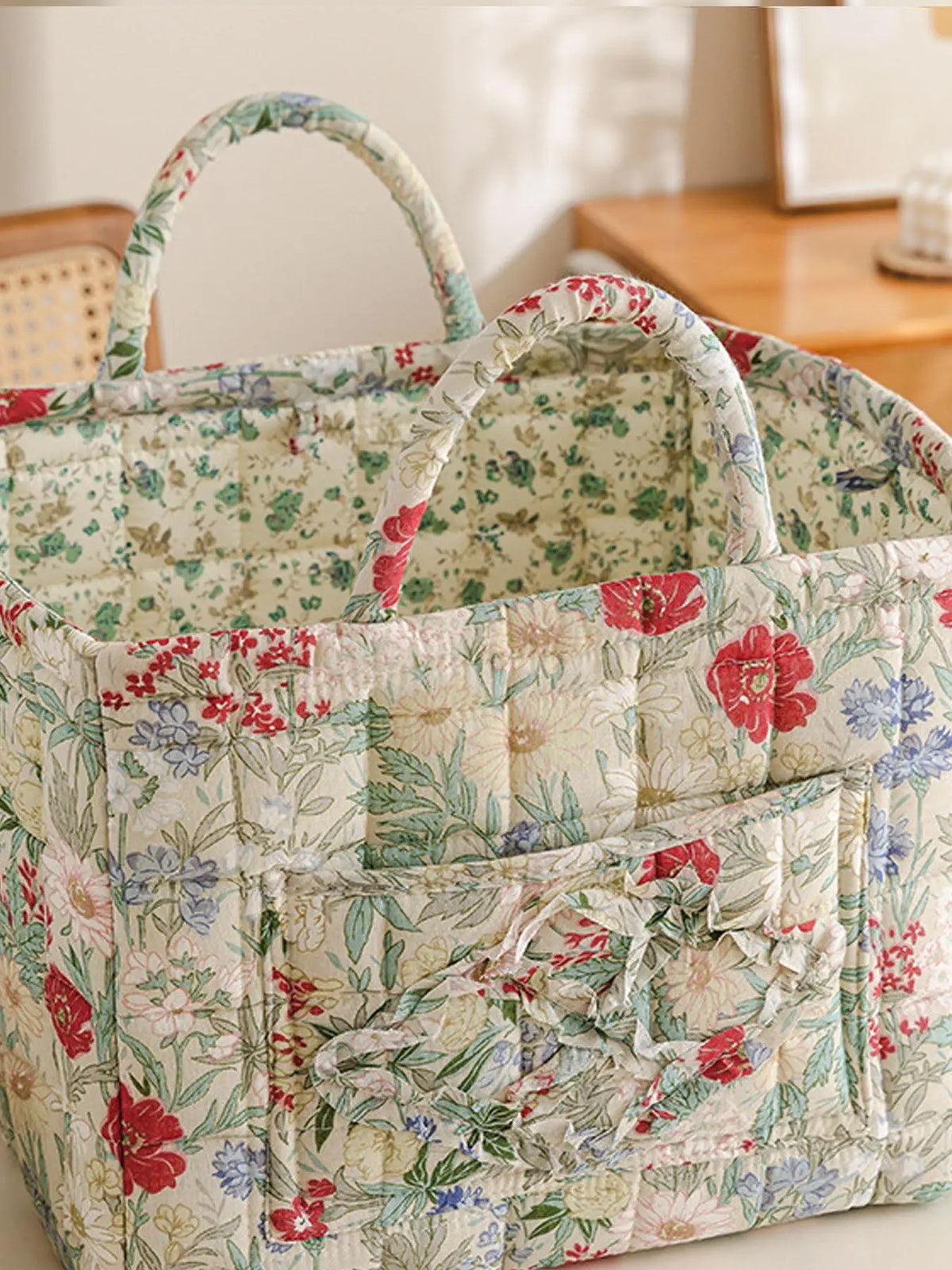Floral Pattern Fabric Decorative Storage Basket, Portable Home Organizer for Kitchen, Bathroom and Office, Flower, Bathroom Storage Baskets