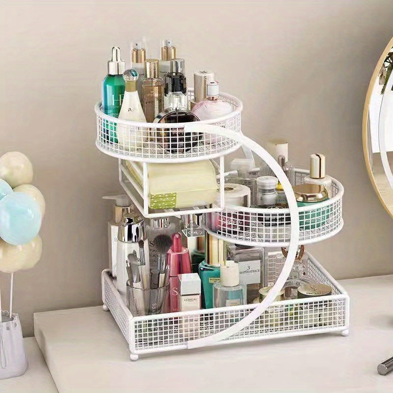 A 3-Tier Metal Cosmetic Organizer with a Varnished End, Featuring a Tissue Box. This Lightweight And No-Installation-Required Storage Rack Can Serve As a Dressing Table Or a Countertop Organizer in The Bathroom
