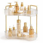 2-Tiers Plastic Corner Bathroom Counter Organizer - Gold Metal Pole Shelves, Makeup Organizer Storage Rack, Cosmetic Perfume Tray Holder for Vanity Sink, Bathroom Gadget, Bathroom Accessories