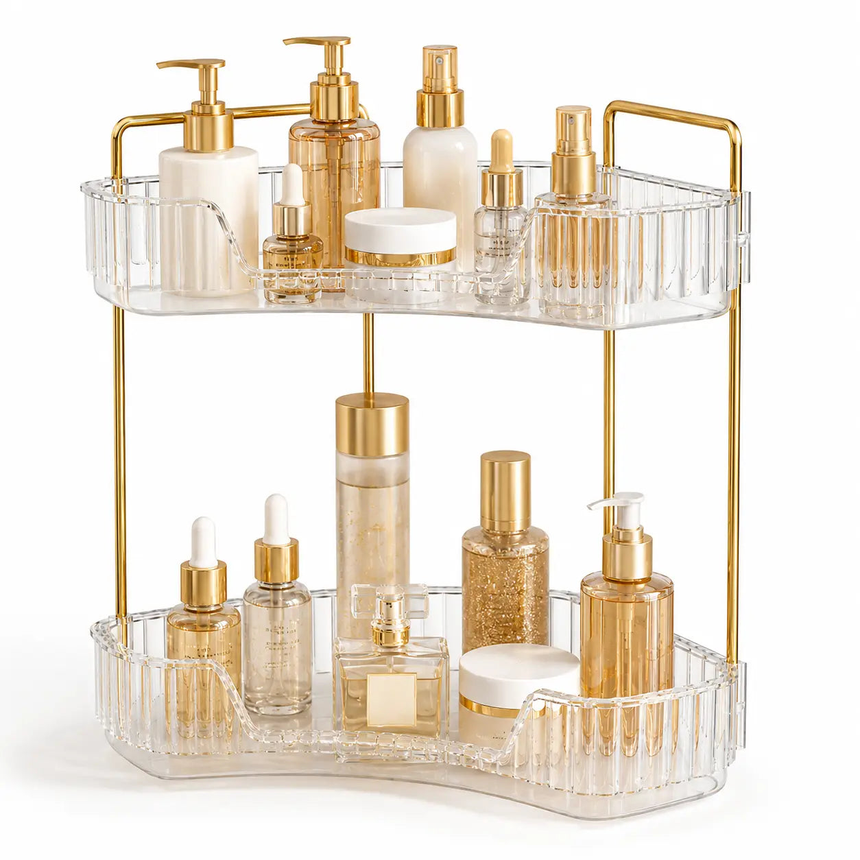 2-Tiers Plastic Corner Bathroom Counter Organizer - Gold Metal Pole Shelves, Makeup Organizer Storage Rack, Cosmetic Perfume Tray Holder for Vanity Sink, Bathroom Gadget, Bathroom Accessories