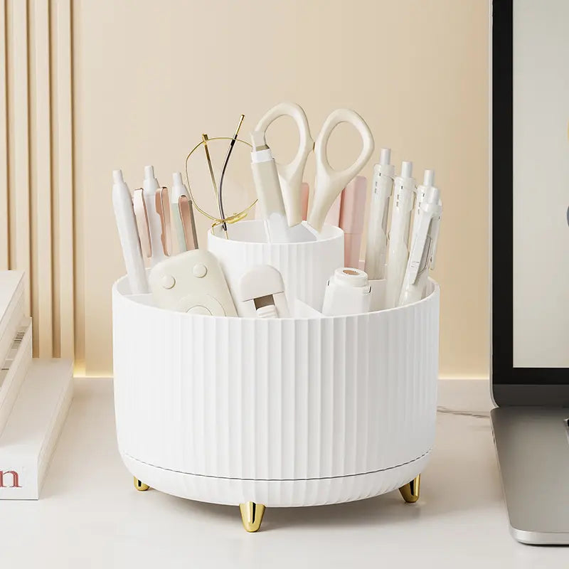 UFORU Modern Plastic 360° Rotating Makeup Organizer - 5 Compartments, Smooth Luxury Stripe Design, Bathroom Organizer for Vanity Desk Accessories, Storage Organization for Brushes, Lipstick, Skincare