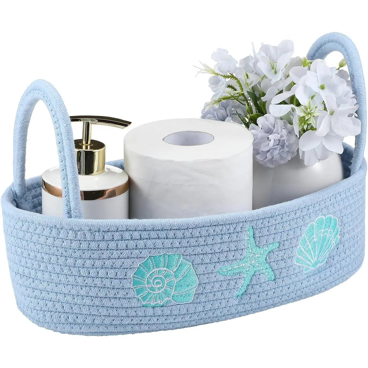 Magnolia Woven Storage Basket for Toilet  Top Boho  Rope Bathroom Countertop Organizer Basket with Handle Green Bathroom Decor for Bedroom  Toys Organizing, 13 x 6 x 4 Inch