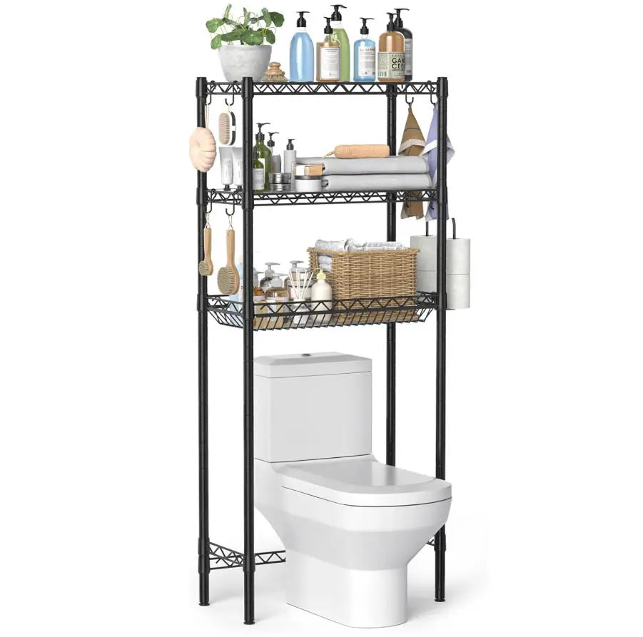 Espresso Tone 4-Tier Over-Toilet Standing Shelf Units - Metal Frame Bathroom Organizer, Adjustable Freestanding Toilet Storage Solutions for Bathroom Space Saving