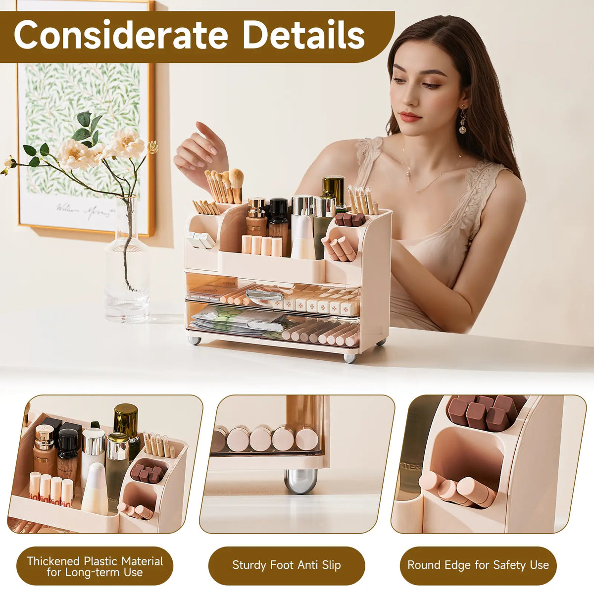 Modern ABS Makeup Organizer - Drill-Free Vanity Storage Organization Unit with Latch, Adjustable All-Purpose Cosmetic Organisers, 2 Large Drawers, Brush Holders, Cream Boxes, Easy Installation for Bathroom Countertop, Ideal Gift