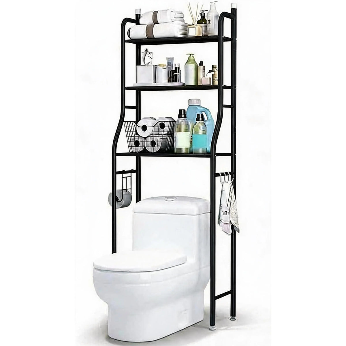 2/3-Tier Over The Toilet Storage Shelf, Space Saving Stainless Steel Bathroom Rack Storage Organizer with Towel Hooks & Toilet Paper Holder for Bathroom, Restroom, Laundry