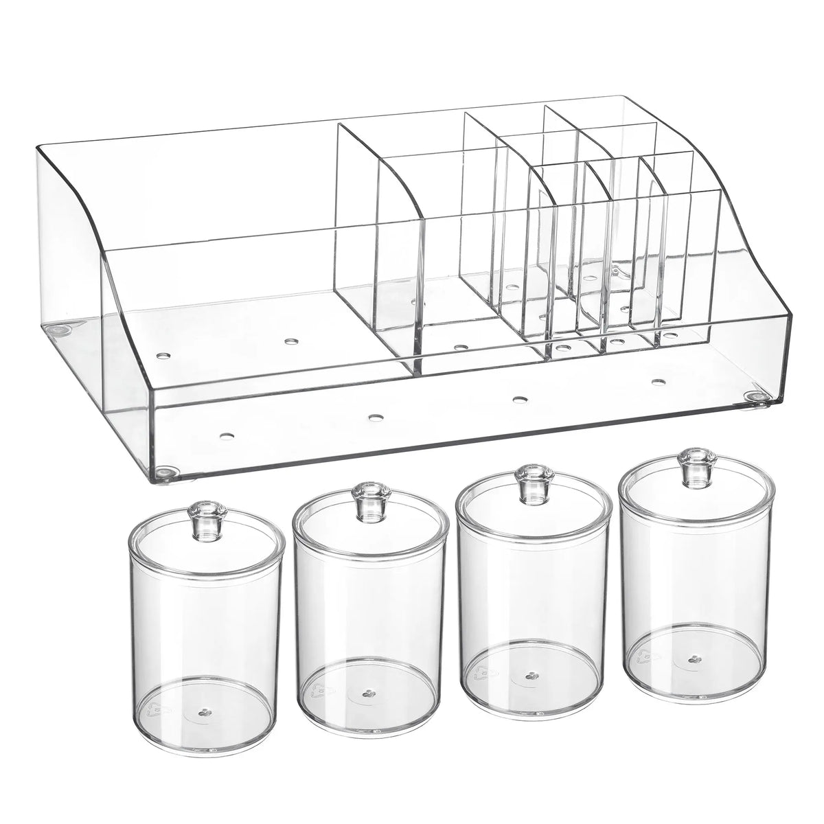 【Countertop Organizer】Vtopmart 6PCS Bathroom Countertop Organizer, 1 Divided Tray with 4 Qtip Holder Jars and 1 Drawers, Restroom Clear Organizers for Toothbrush, Cotton Pads, Vanity Accessories Storage Set