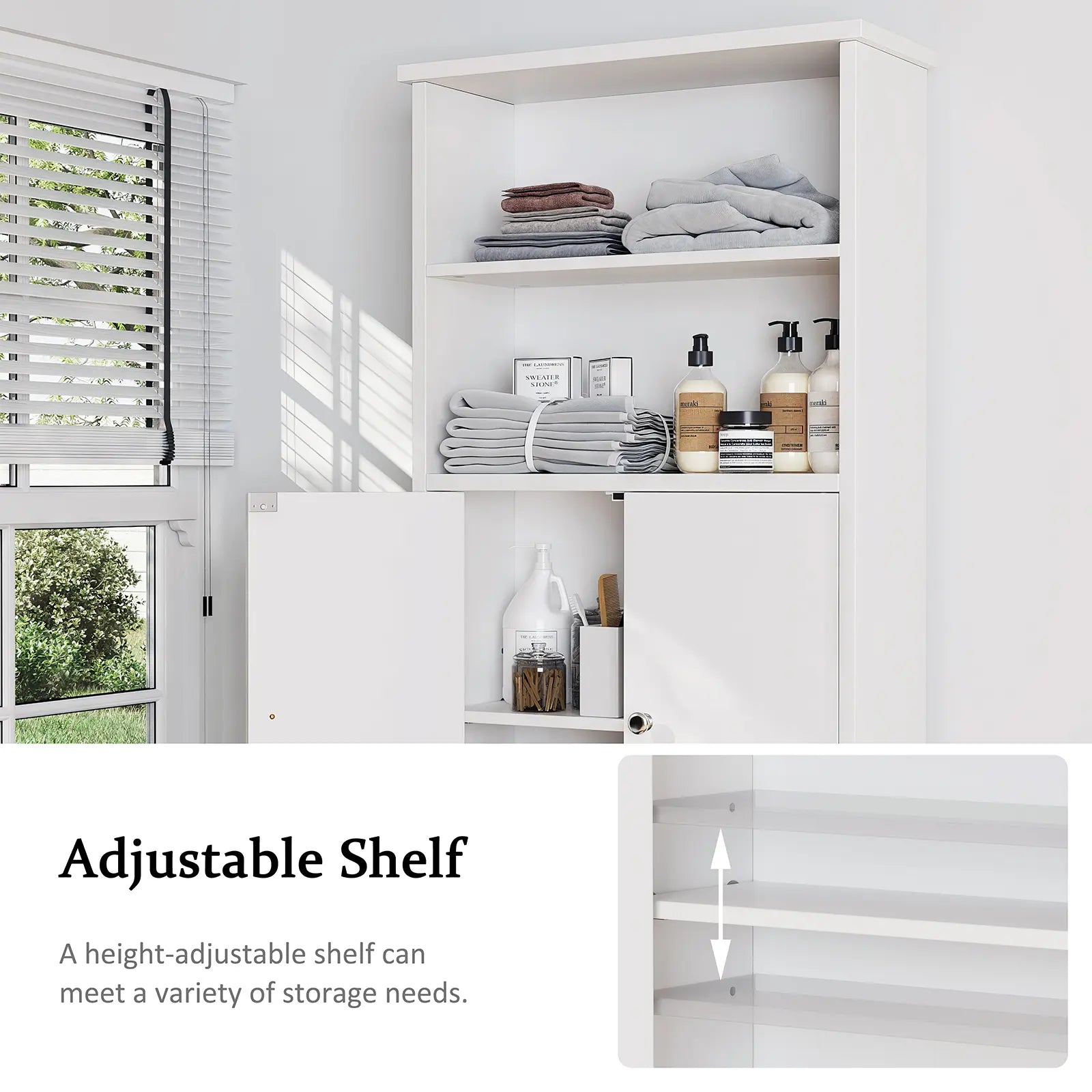 Over The Toilet Storage Shelf, 75'' Taller Bathroom Organizer, Washing Machine cabinet, Space Saver with Adjustable Decorative Racks, White