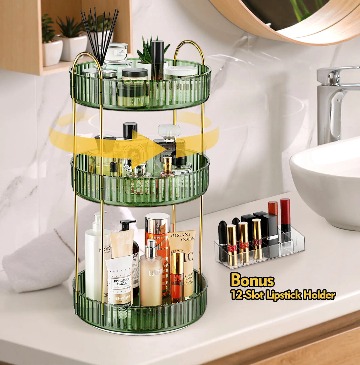 GooBird 360° Rotating Round Metal Makeup Tool Organizer Storage, User-Friendly Collapsible Stackable Vanity Shelf with Bonus 12-Slot Lipstick Holder, Multifunctional Bin for Makeup, Perfume, Skincare, Bathroom Birthday Gift for Girlfriend, Collapsible Sto