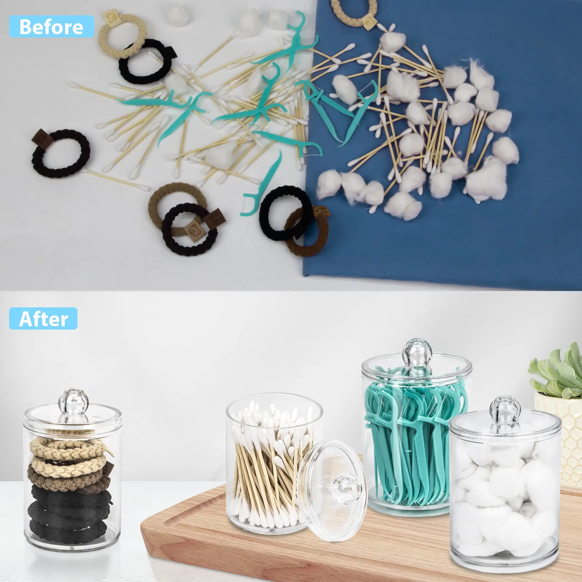 4-Pack Qtip Holder Dispenser - Small Clear Plastic Storage Jars Set for Bathroom Organization, Vanity Makeup Organizer