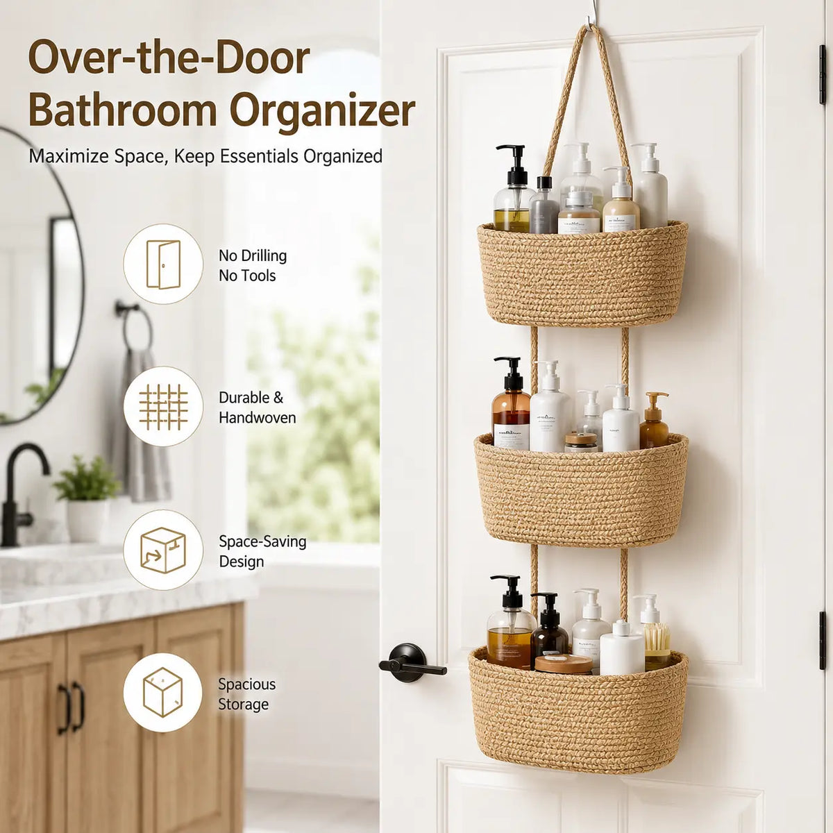 【Free Shipping (14in)】Woven Cotton 3-Tier Over-the-Door Basket, Wall-Mounted Jute Storage Organizer for Bathroom Decor, French Country Style for Busy Parents to Store Diapers, Toys, Laundry Items, with Gift Hook for Home Storage Organization