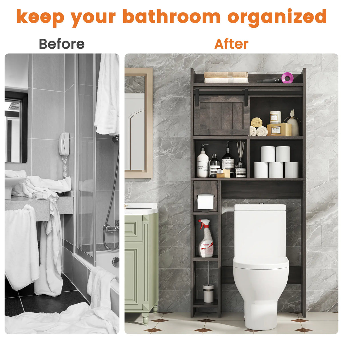 Over-The-Toilet Storage Cabinet with Sliding Door & Toilet Paper Holder Stand, Bathroom Organizer with Side Storage for Restroom