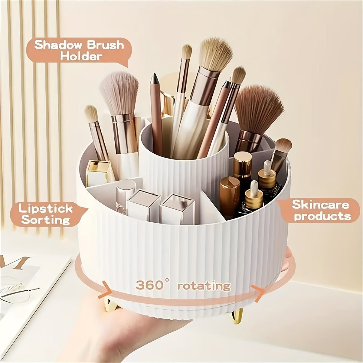 [360° Rotating Makeup Organizer] 360° Rotating Makeup Organizer - 1pc Plastic Cosmetic Storage With 5 Compartments - Multi-Functional Holder For Brushes, Lipsticks, Skin Care Products, And Stationery - Durable Unscented Desk Caddy With Stripe Design