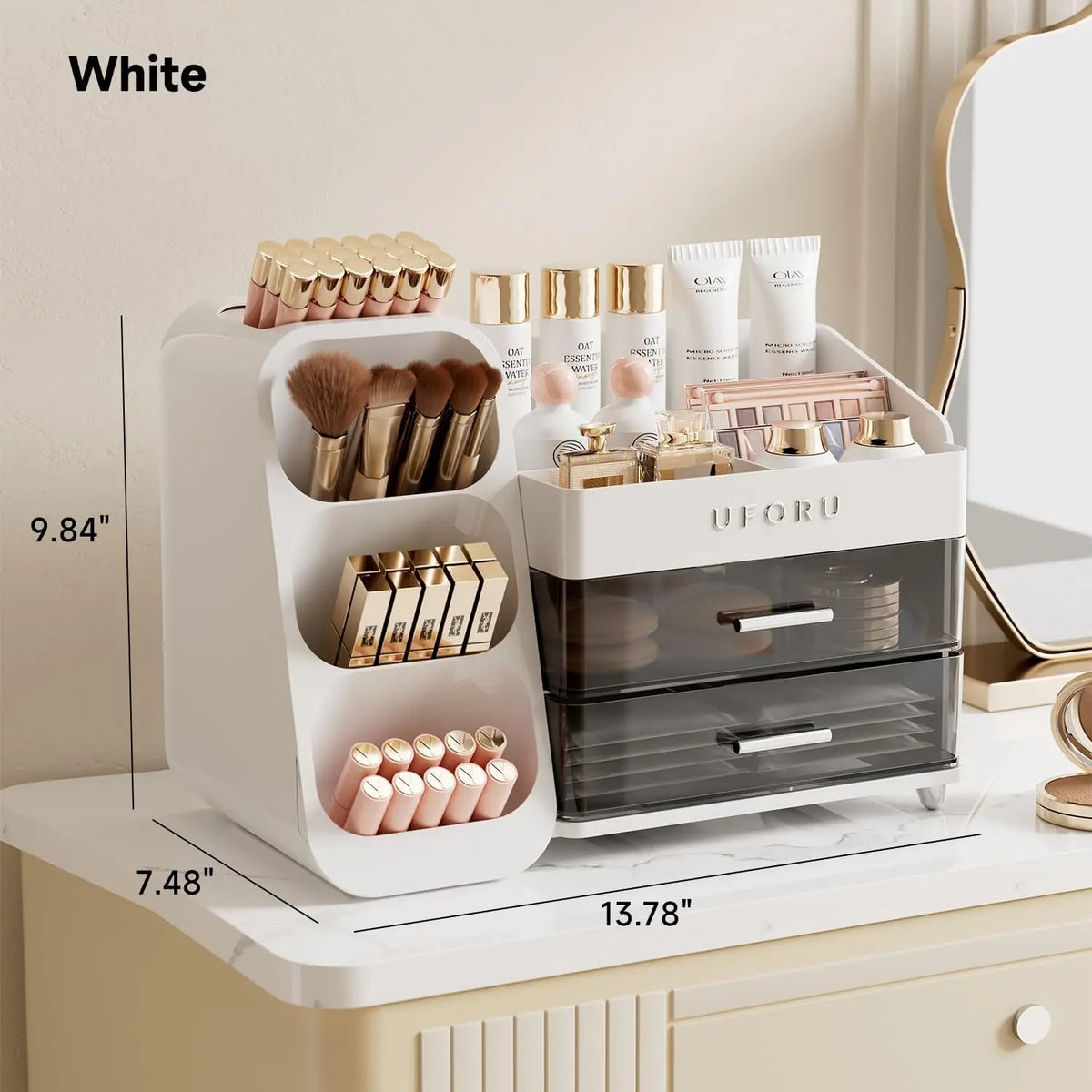UFORU Modern Large Capacity Makeup Organizer - Vanity Accessories Storage Box for Makeup Brushes, Lipsticks, Eyebrow Pencils, Pocket Mirrors - Desktop Cosmetic Organiser for Home & Travel