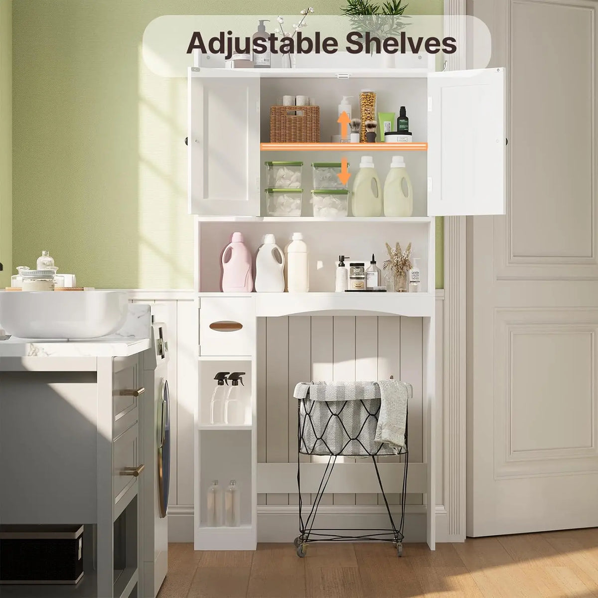 Gizoon 66''H Over The Toilet Storage Cabinet, with Ample Storage Space | Over Toilet Bathroom Organizer, with 2 Doors for Storage, Adjustable Shelf, 2 Hooks, Paper Holder, for Bathroom, Laundry