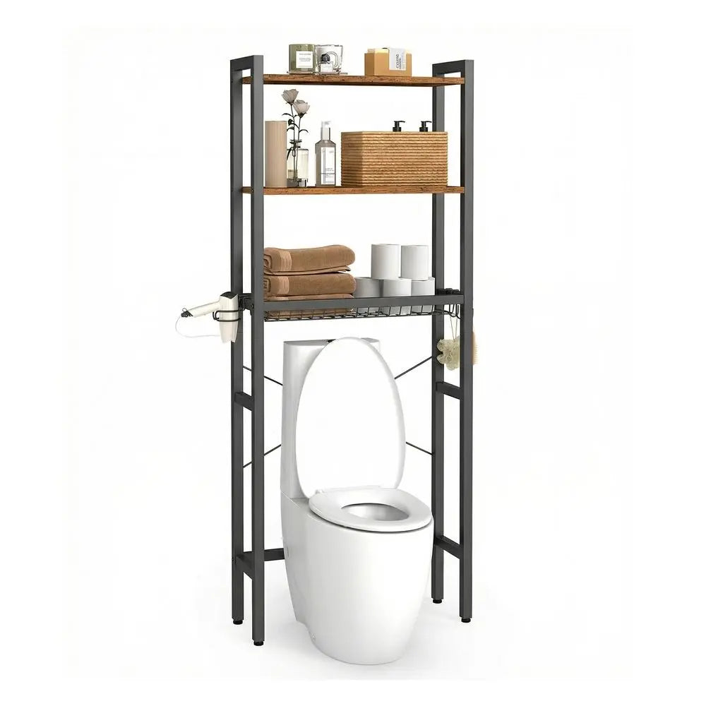 VASAGLE Wall-Mount Over-the-Toilet Storage Cabinet, Bathroom Organizers with Adjustable Multiple-Tier Shelves, Basket, 3 Hooks, Space-Saving Indoor Cupboard