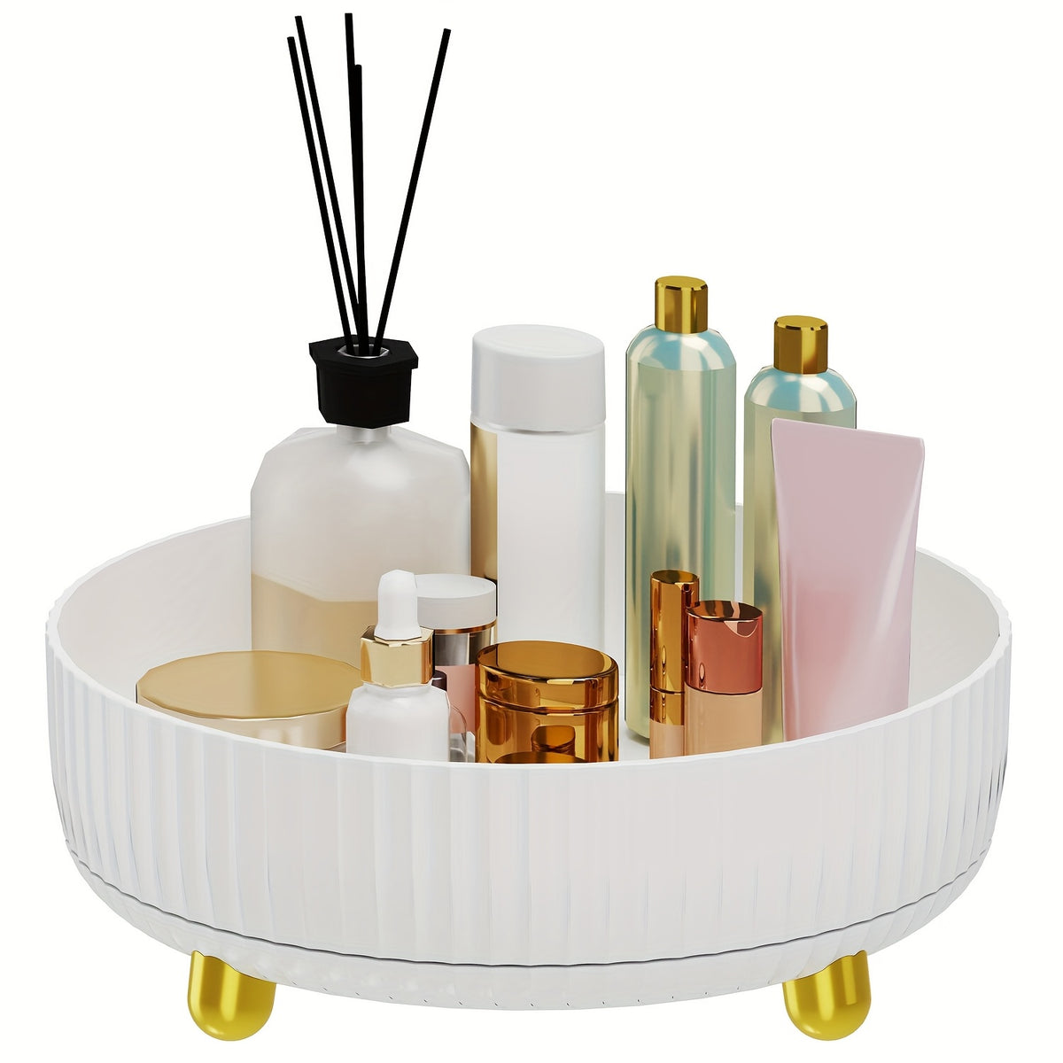 [360 Rotating Vanity Tray] 1pc Large Capacity 360-Degree Rotating Makeup And Perfume Organizer - Sleek Vanity Storage Tray with Golden Accents, Ribbed Edge Design for Stability, No Assembly Required, Vanity Tray
