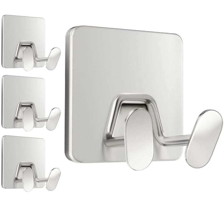 Adhesive Shower Hooks for Inside - Extra Sticky Stainless, Razor Holder Shower Accessories, Wall Mounted Self-Adhesive Double Hooks for Razor, Loofah, Towel, Shaver, Coat, Key, Matt Black, 4-Pack