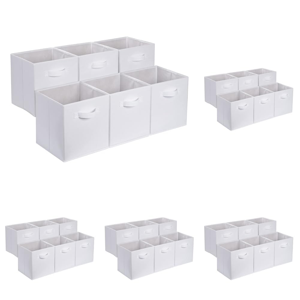 Amazon Basics Collapsible Fabric Storage Cubes Organizer with Handles, Sturdy Storage Bins for Organization, 10.5" x 10.5" x 11", Beige, 6-Pack