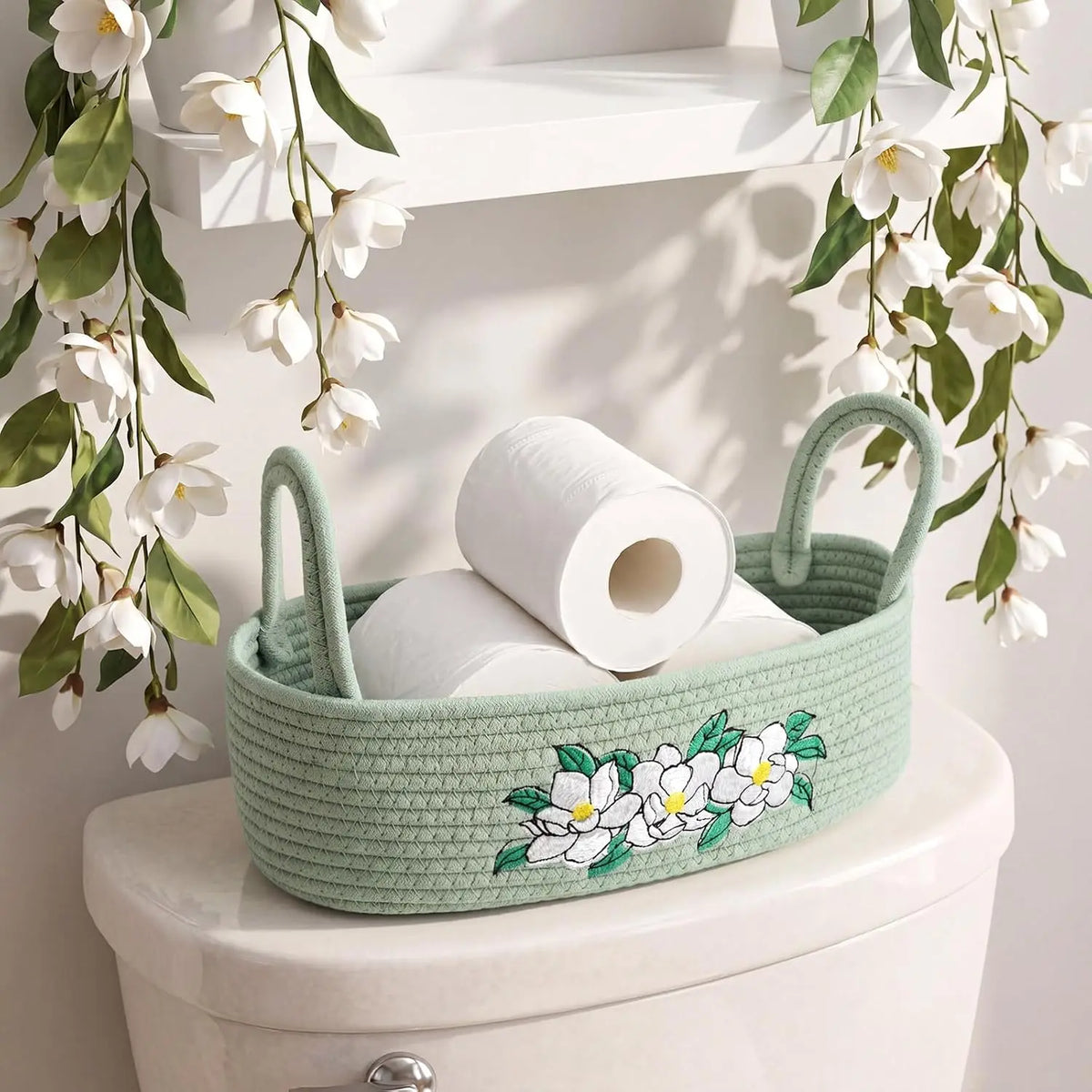 Magnolia Woven Storage Basket for Toilet  Top Boho  Rope Bathroom Countertop Organizer Basket with Handle Green Bathroom Decor for Bedroom  Toys Organizing, 13 x 6 x 4 Inch
