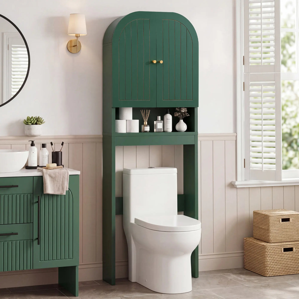 Giratree Arched Over The Cabinet with Fluted Doors, 4 Tier Small Bathroom Shelf Organizer, Mid Century Modern Bathroom Cabinet with Adjustable Shelf, Slim Narrow Arch Toilet Rack