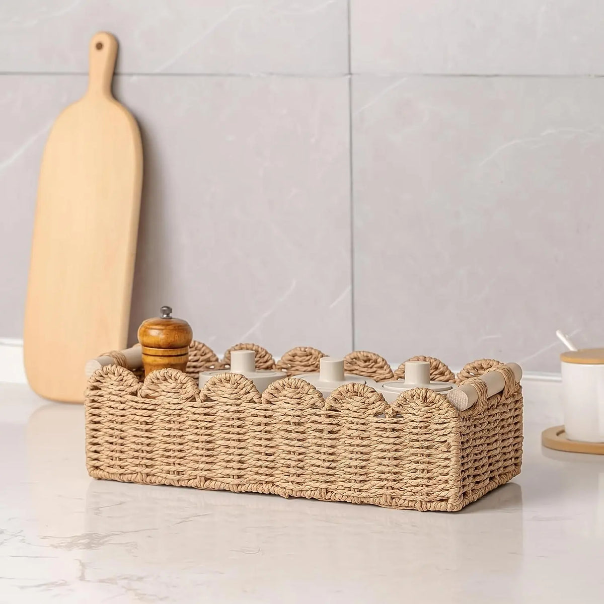 Woven Storage Basket with Fan Edge Design, Natural Toilet Tank Top Shelf Basket for Bathroom Storage Baskets, Living Room & Bedroom Home Decor