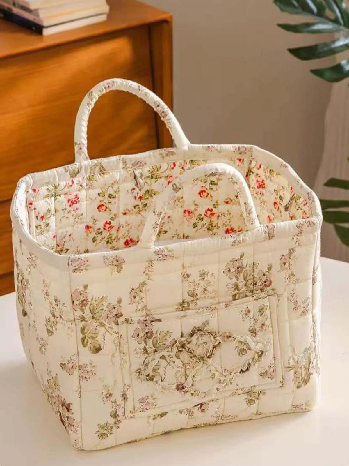 Floral Pattern Fabric Decorative Storage Basket, Portable Home Organizer for Kitchen, Bathroom and Office, Flower, Bathroom Storage Baskets